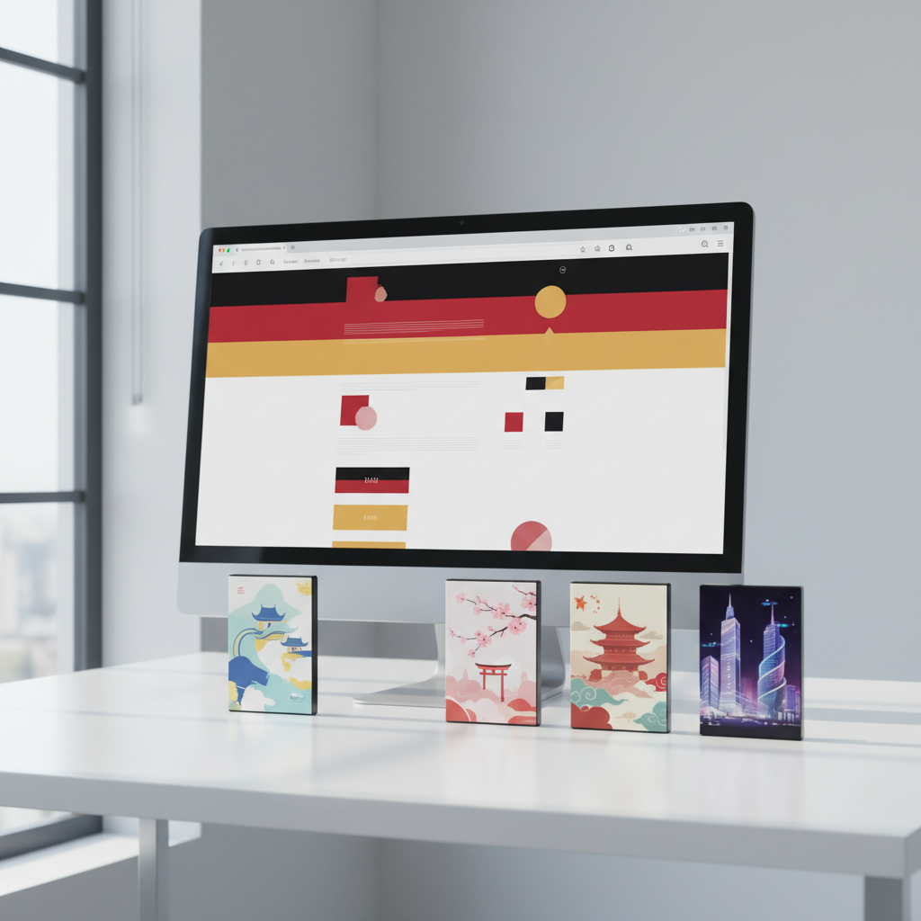 A minimalist, modern computer monitor on a clean white desk, showing a blog layout in German colors of red, black, and gold subtly integrated into buttons and icons (no readable text). Around the monitor lie four slim Blu-ray cases with abstract cover art inspired by Thailand, Japan, China, and Korea—temples, cherry blossoms, pagodas, and futuristic skylines—rendered in soft pastels. Cool, diffused daylight from a nearby window gives the scene a crisp, fresh feel, with gentle shadows under each object. Photographic realism, eye-level composition with symmetrical framing, creating a calm yet playful atmosphere that suggests a well-organized, enthusiastic BL-series review and recommendation site.