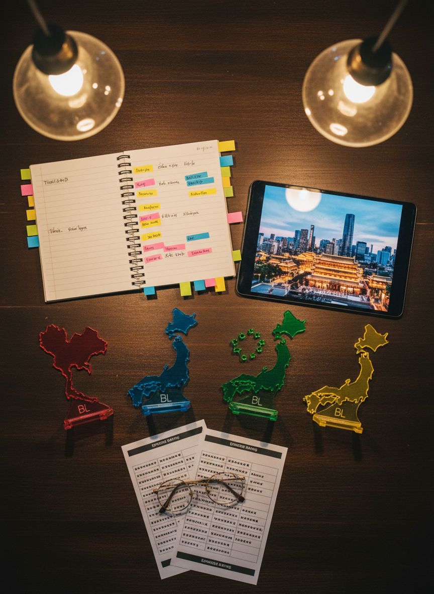 A flatlay of a blogger’s review workspace for BL series from Thailand, Japan, China, and Korea: a dark wooden table covered with a spiral notebook full of colorful sticky tabs, a tablet paused on a romantic cityscape from an Asian drama (no people visible), and four small acrylic stands shaped like stylized country outlines in bright colors. Warm pendant lighting from above creates soft, circular reflections and subtle shadows around each object. A pair of round glasses rests on printed episode rating sheets, with star icons instead of text. Photographic realism, shot from directly overhead with crisp focus, creating a playful yet organized atmosphere that suggests careful rankings and personal recommendations.