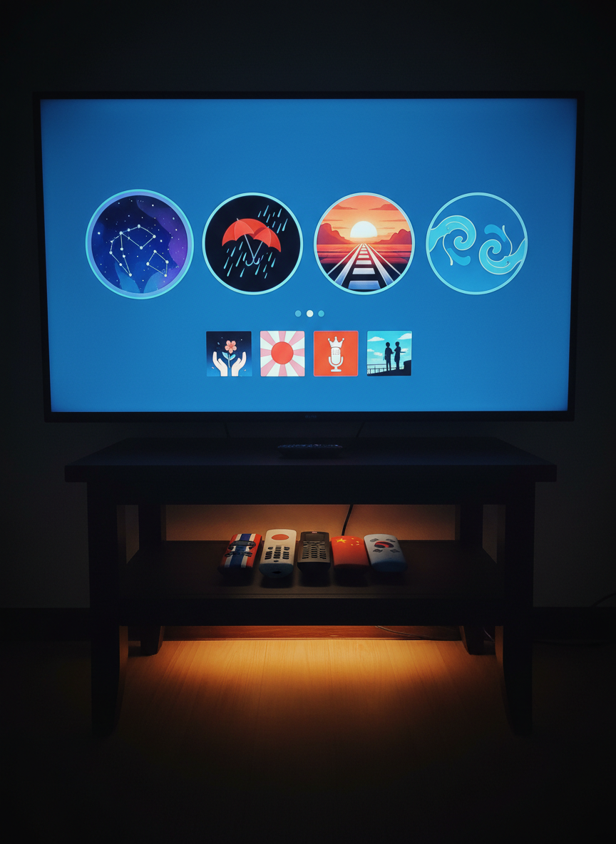 A nighttime scene of a small, tidy TV stand beneath a wall-mounted screen showing a stylized menu of BL series categories (icons only, no text), with thumbnails featuring symbolic imagery like intertwined constellations, two umbrellas side by side, and parallel train tracks. The stand holds four neatly stacked streaming remotes, each with a colored silicone cover hinting at Thailand, Japan, China, and Korea through tiny flag-inspired patterns. The room is lit only by the cool bluish light from the screen and a soft amber LED strip under the stand, creating dramatic contrast and a focused, binge-watching mood. Photographic realism, shot from a low angle with subtle vignette, emphasizing the immersive atmosphere of late-night drama marathons.