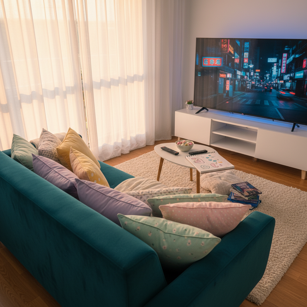 A stylish living room viewing corner designed for BL-series marathons, featuring a low, plush teal sofa piled with mismatched pastel cushions, facing a large flat-screen TV that displays a paused scene of a neon-lit Asian street at night (no people). A small white coffee table holds a bowl of colorful snacks, a remote, and a notebook with doodled hearts and arrows instead of words. Golden hour sunlight filters through sheer curtains, mixing with the cool blue glow from the TV, creating dynamic, cozy lighting. Photographic realism, slightly wide-angle shot from the side, using rule of thirds to emphasize the inviting corner and playful, fan-like mood that suits a personal drama blog.