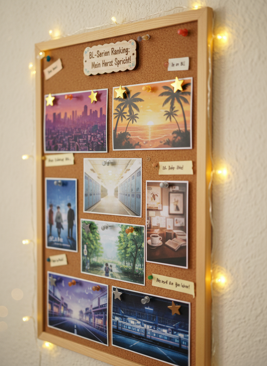 A close-up of a ranking board for BL series, designed as a playful corkboard hanging on a light-colored wall. Instead of text or faces, each series is represented by a glossy mini-poster card showing a symbolic scene: city skylines, school corridors, beach sunsets, and cozy cafés, each tagged with star-shaped pins in gold, silver, and bronze. Fairy lights drape loosely across the board, emitting a soft, warm glow that creates tiny bokeh circles around the edges. Photographic realism, shot at a slight diagonal angle with shallow depth of field, focusing on a few top-ranked cards while the rest blur gently, evoking the excitement of personal rankings and recommendations in a German BL blog.